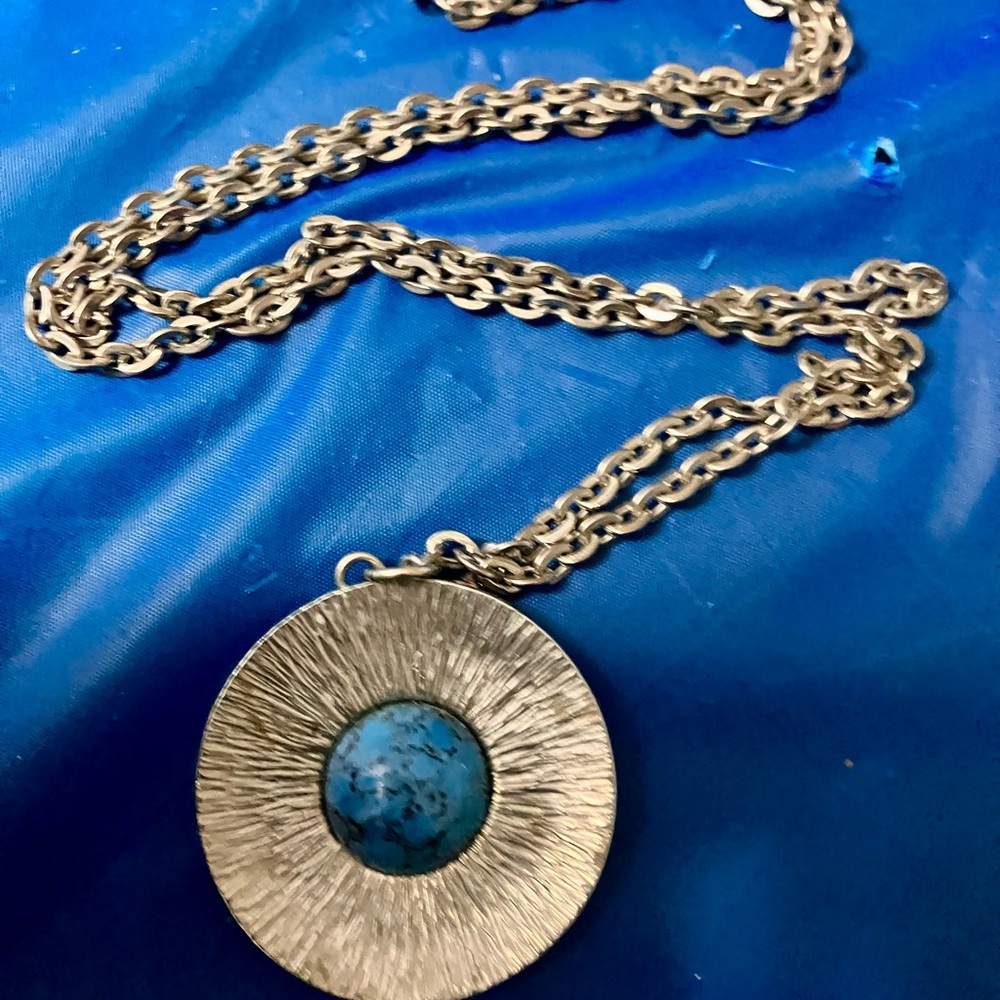 Jorgen Jensen Denmark Pewter Circular Etched Blue Stone Pendant Necklace 257